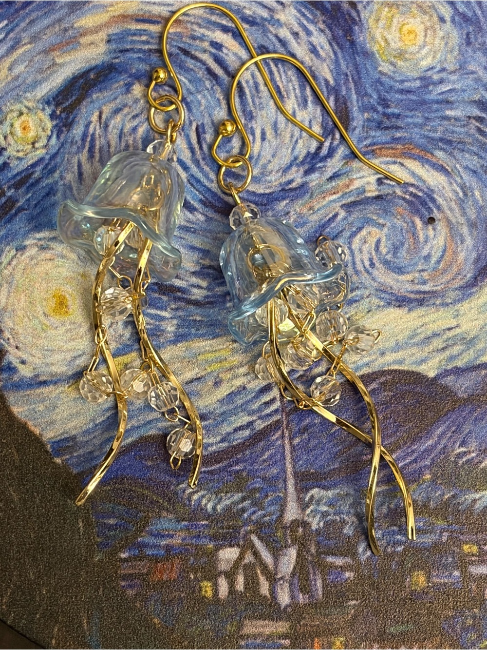 Delicate Blue Glass Jellyfish Drop Earrings - Gold Accent